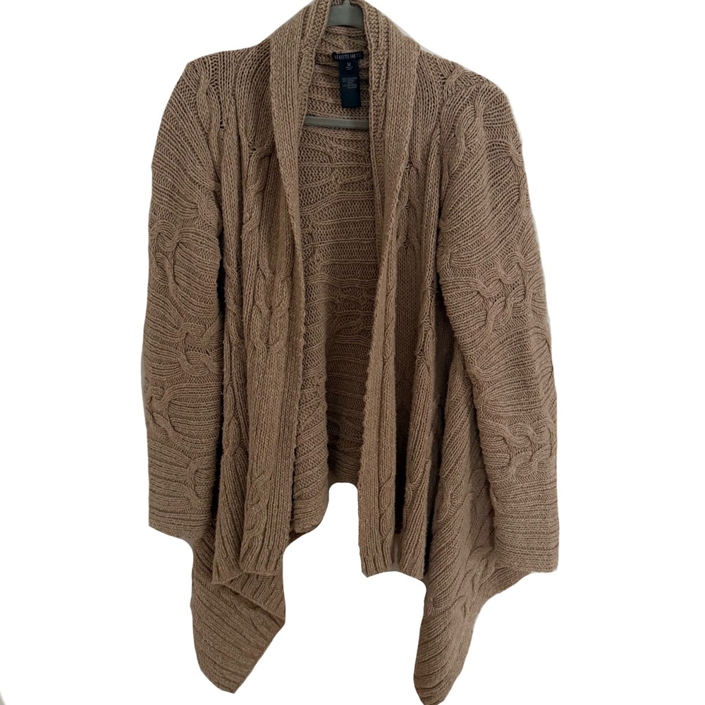 LAFAYETTE 148 Cable‎ Knit Drape Cardigan Chunky Warm Sweater Taupe Medium